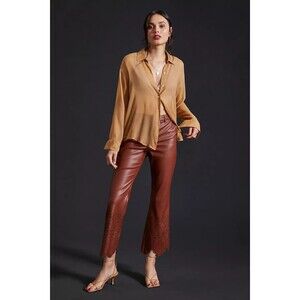 Anthropologie Brown Leather Straight-Leg Pants with Scalloped Laser-Cut Hem